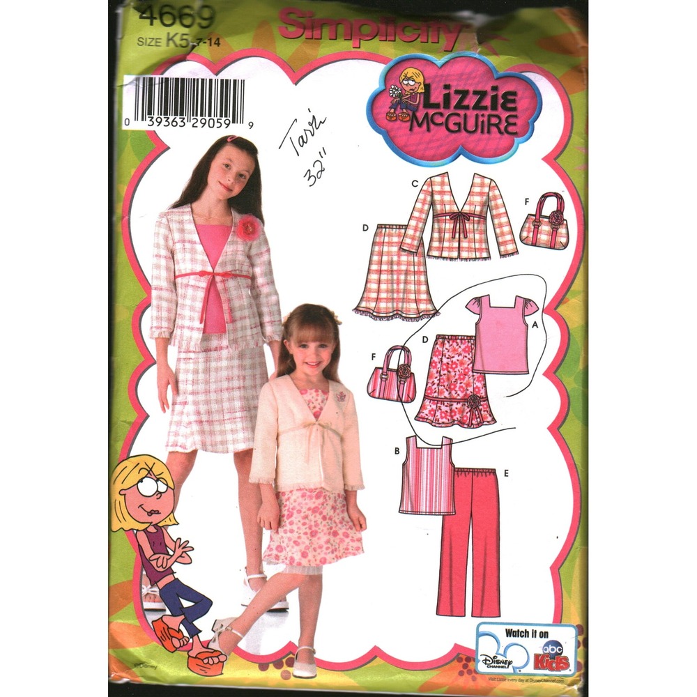 Simplicity 4669‎ Lizzie McGuire Girls Sewing Pattern Skirt Pants Jacket Bag 7-14